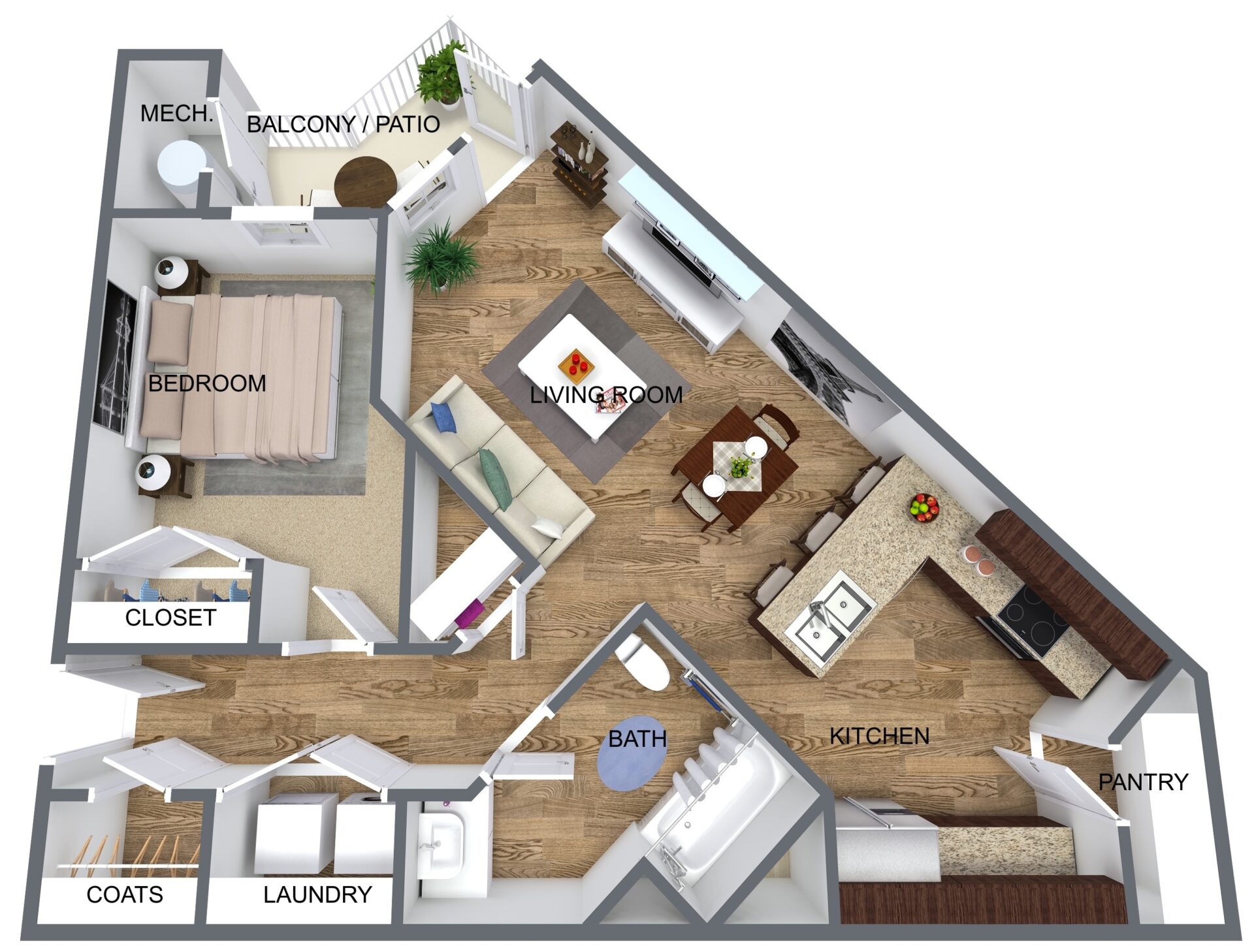 Pamunkey 1BR 1BA CORNER - 3D Floor Plan