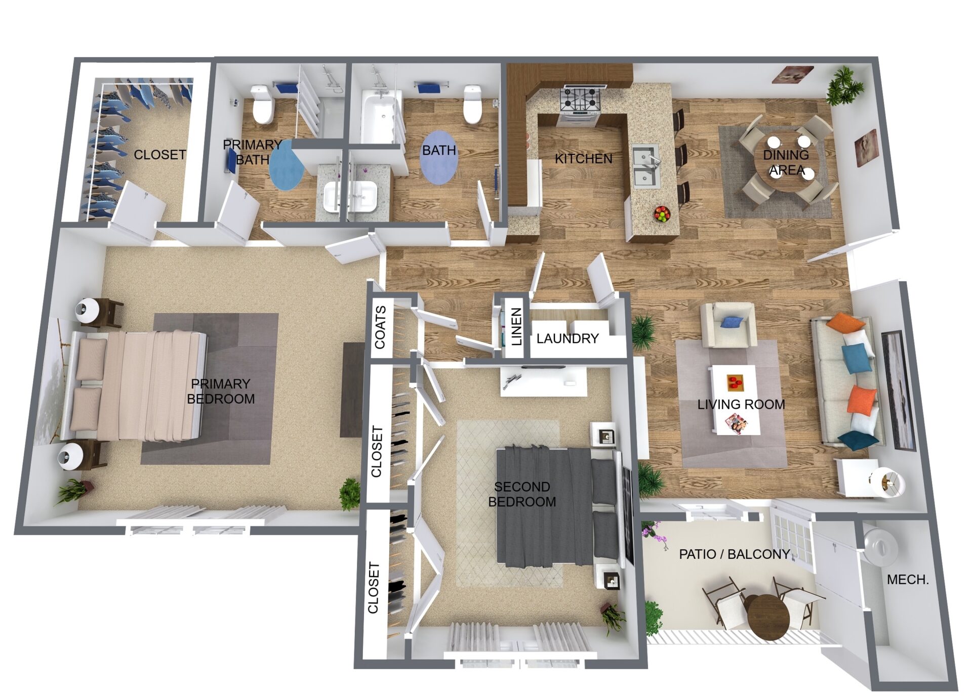 Roanoke 2BR 2BA - 3D Floor Plan