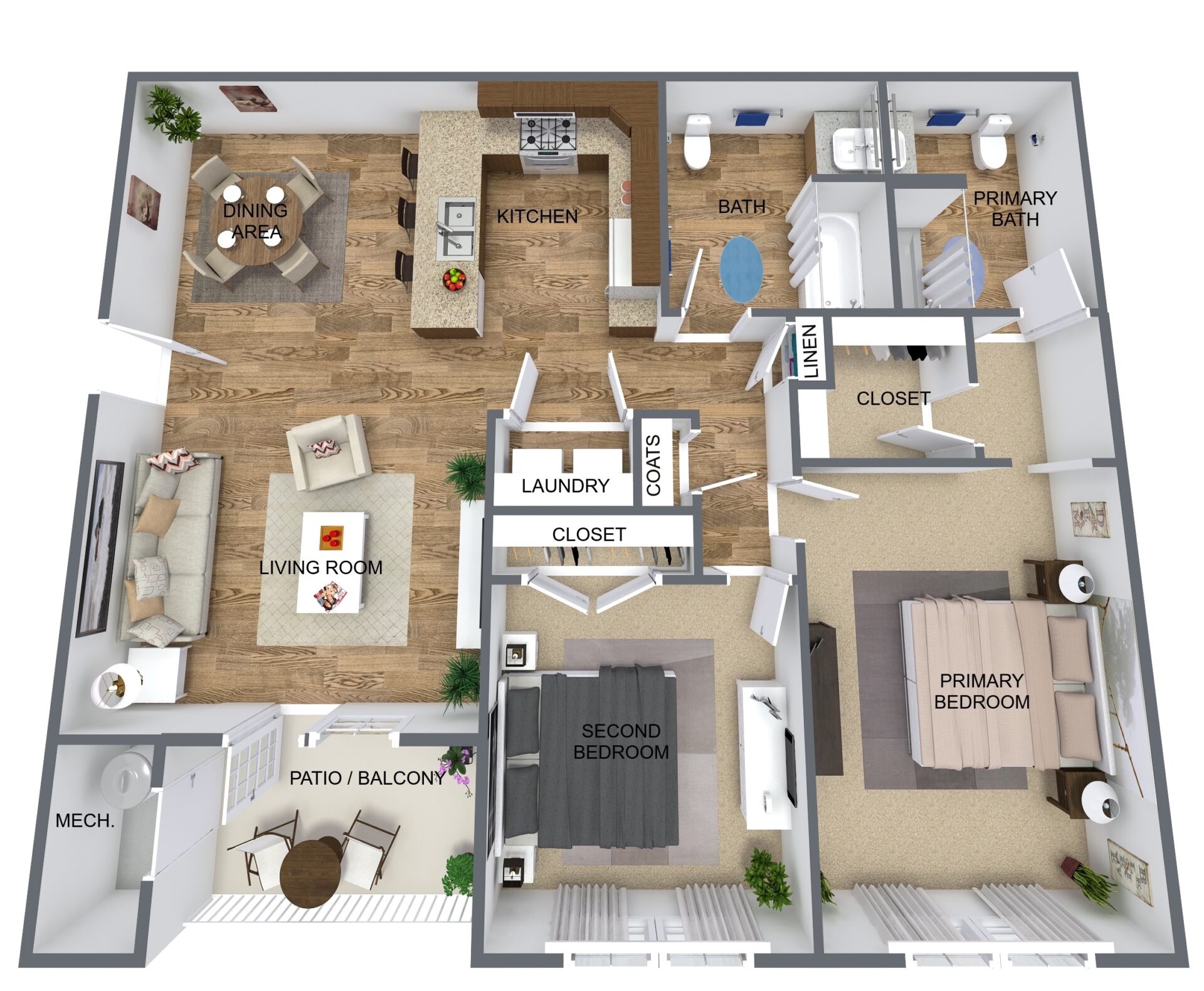 Shenandoah 2BR 2BA - 3D Floor Plan